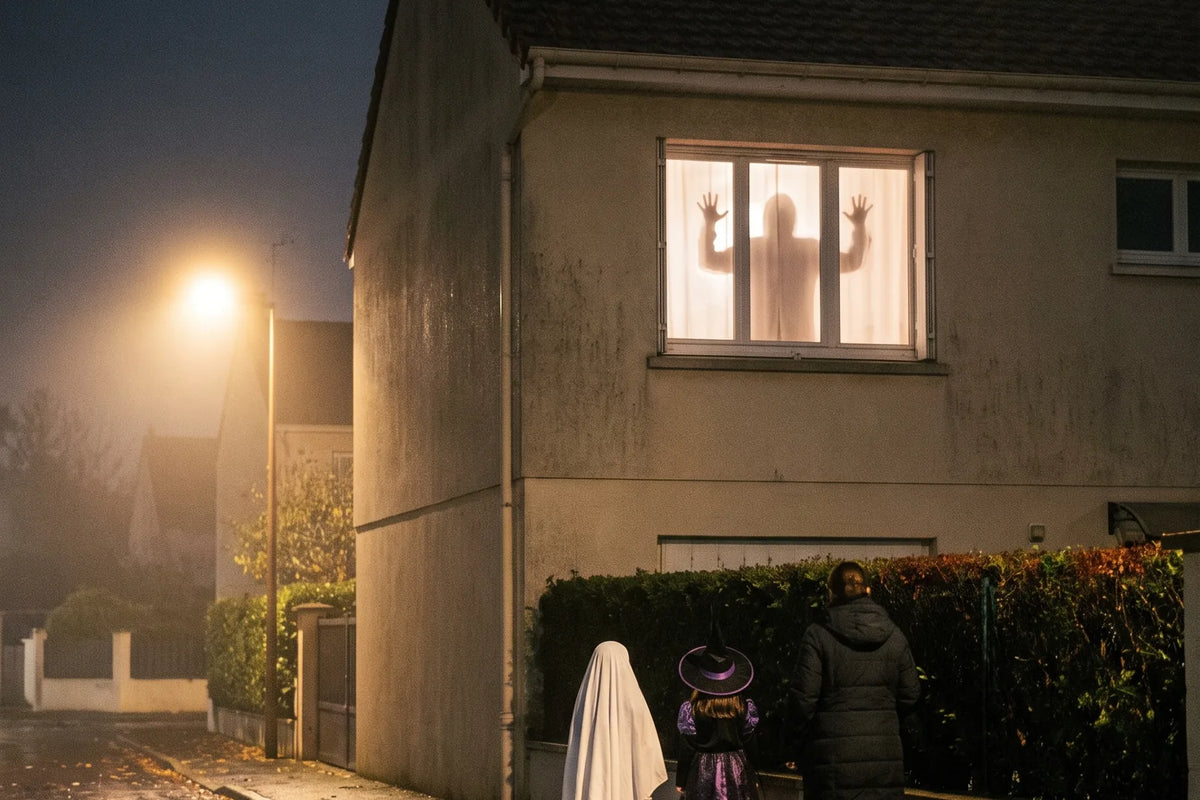 Des enfants déguisés s'arrêtent devant une maison dont la fenêtre montre une silhouette